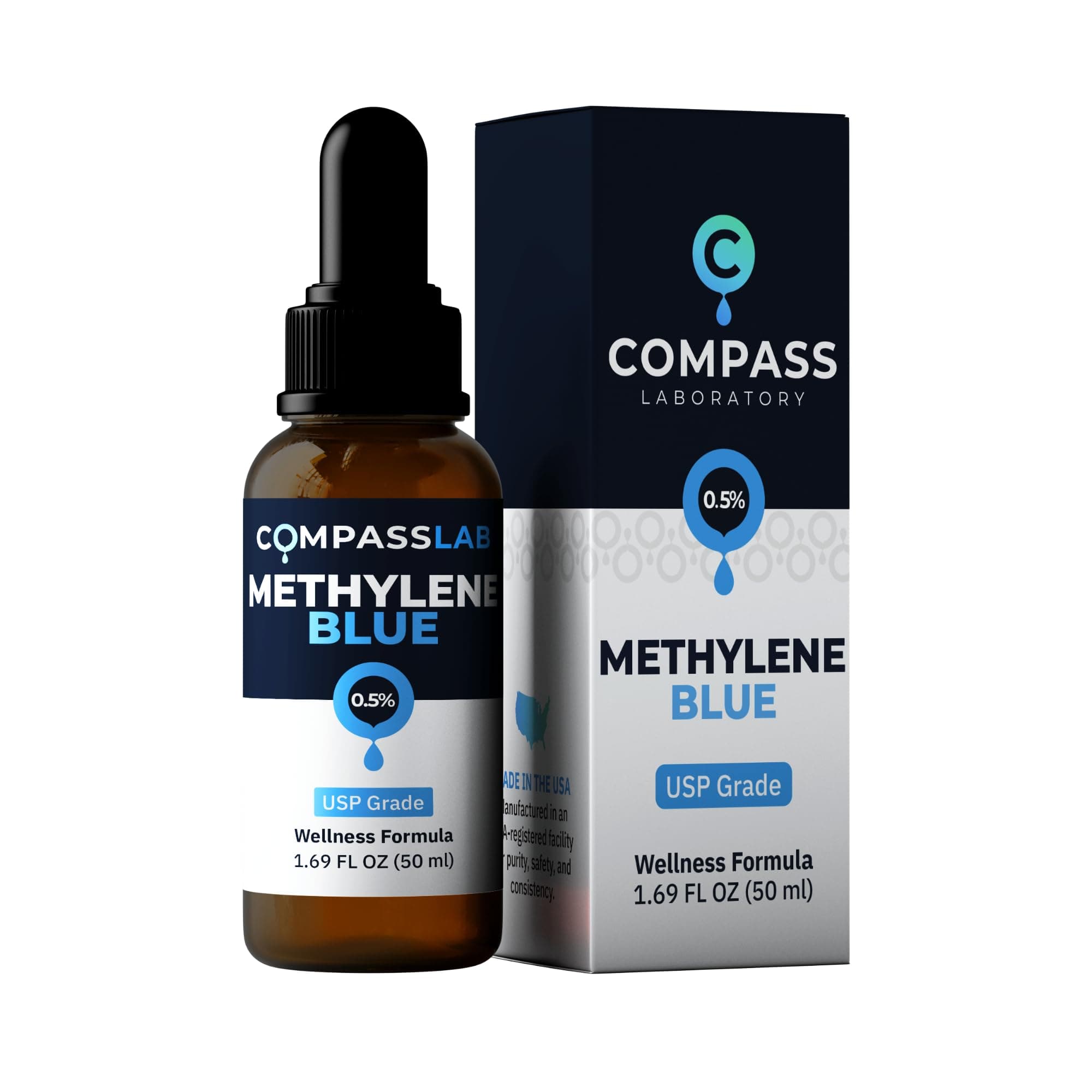 - COMPASS LABORATORY Methylene Blue Pharmaceutical Grade, USP Grade, Third-Party Tested Dietary Supplement for Humans, No Formaldehyde, Made in USA (0.5% 50ml Bottle)