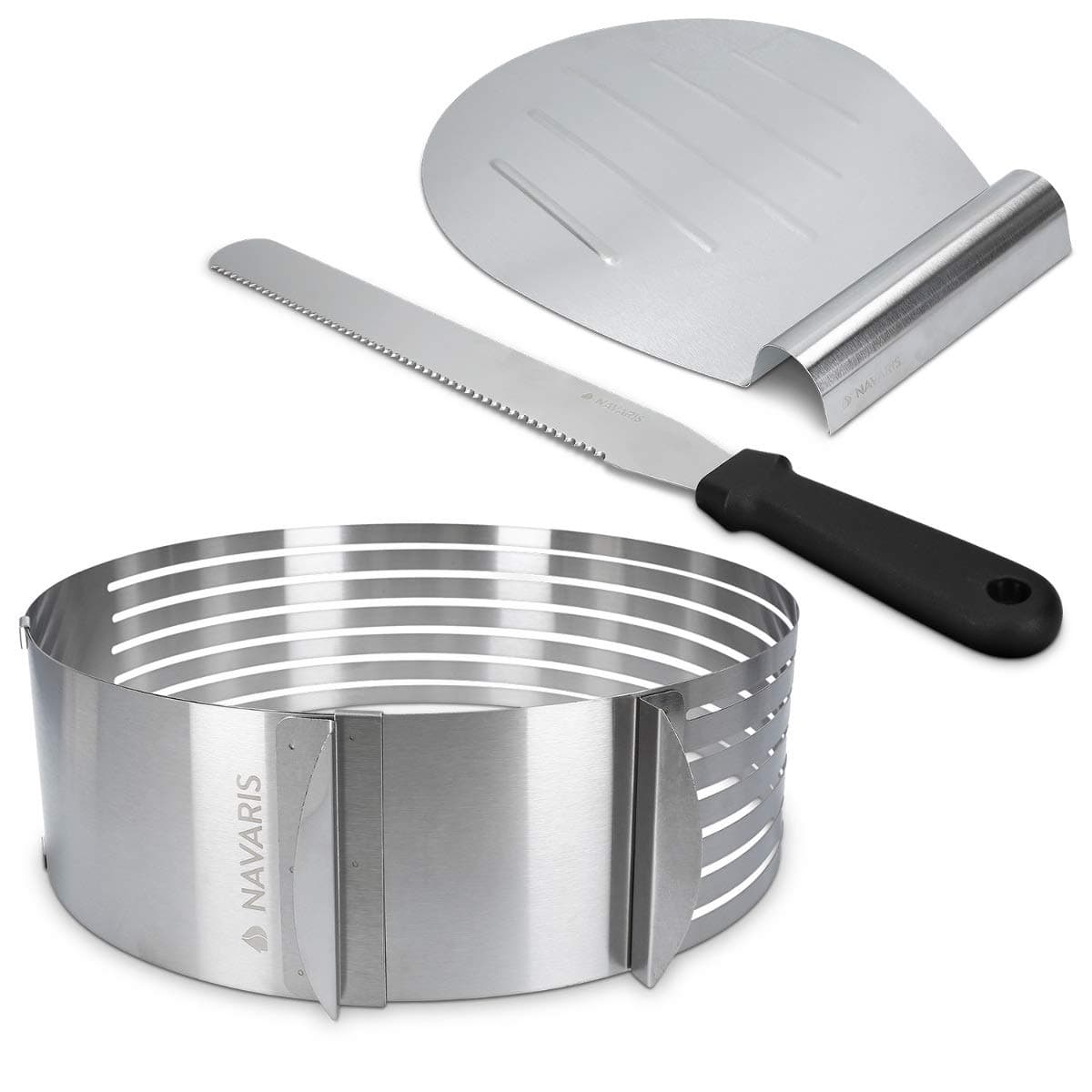 Navaris Cake Leveler Slicer Kit - 9.1 to 11.4 inch Adjustable Ring for Cutting Layers, Slicing and Leveling Cakes - 3 Piece Set with Knife and Lifter