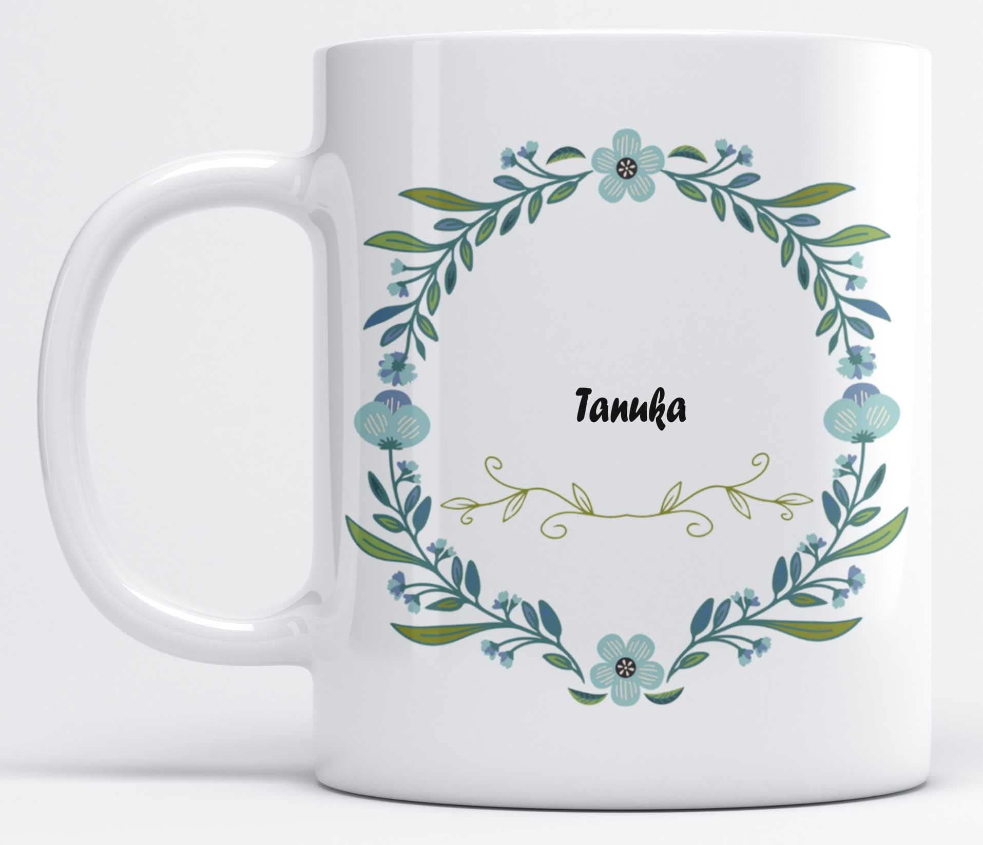 LOROFY Name Tanuka Printed Beautiful Blue Floral Design White Ceramic Coffee Mug (350ML)