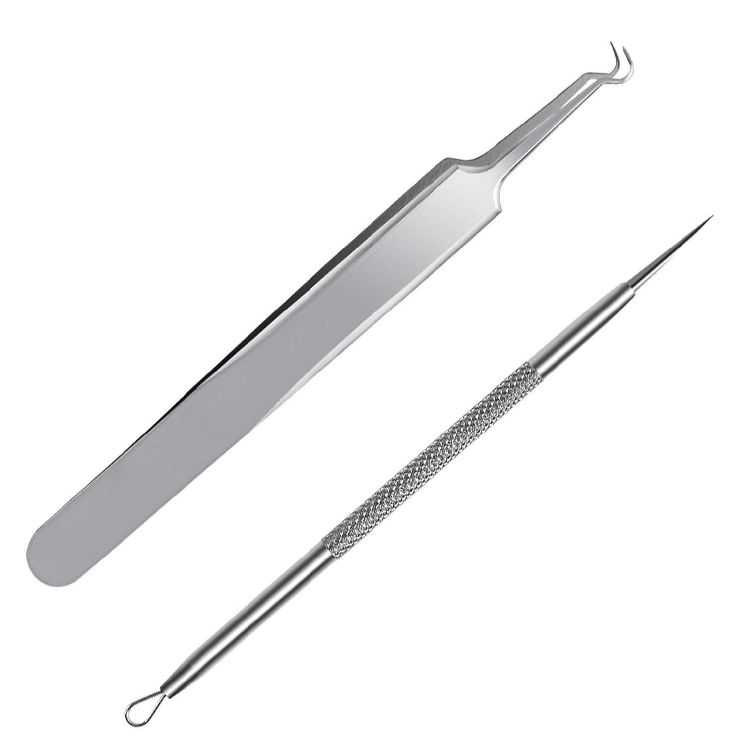Blackhead & Splinter Remover Tools - Stainless Steel Professional Easily Cure Pimples Whiteheads Comedones Acne Zit Ingrown Hairs and Facial Impurities Bend Head... Silver (Set of 2)