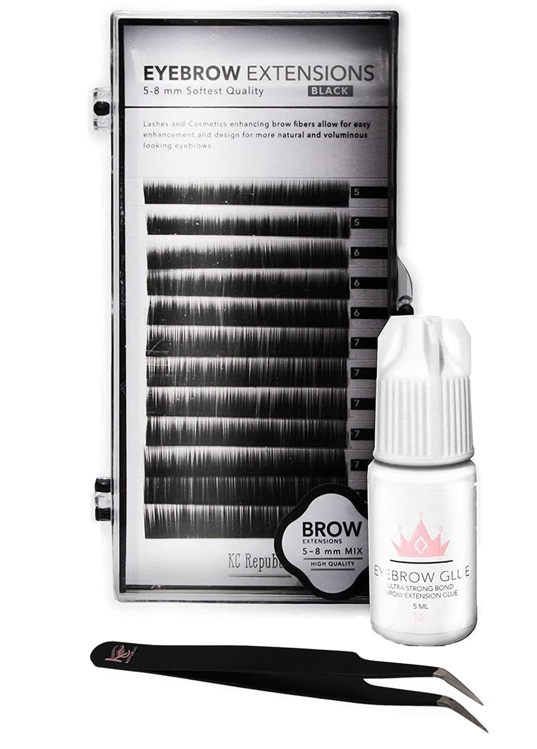 Eyebrow Extensions Kit with 1 x Trays of Mink Eyebrows in Black Comes on Mixed Length Trays 5-8 Mm Mix, Eyebrow Extension Glue Clear & Extension Tweezers by Kc Republic