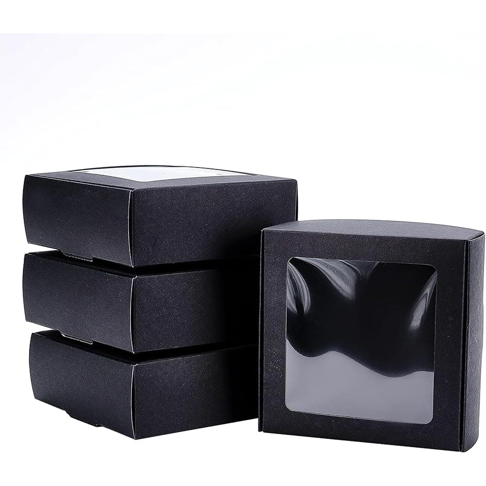 BENECREAT 20 Pack Black Kraft Paper Boxes with Clear Window 9.5x9.5x3.5cm Gift Packaging Boxes for Bakery Cookies Cake Candy Wedding Party Favors
