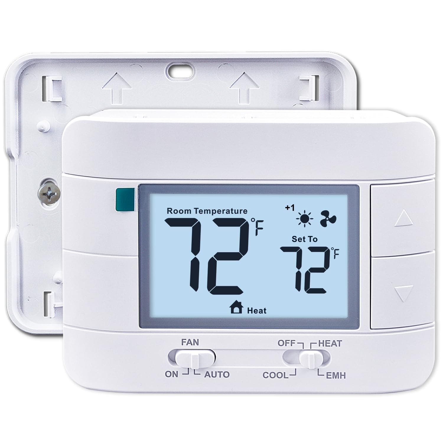 2 Heat/ 1 Cool Non-Programmable Thermostat for Home Heat Pump System and Conventional Single-Stage System, with Room Temperature & Humidity Monitor (White Backlit Screen)
