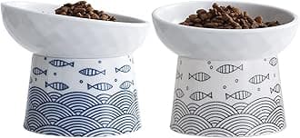 TAMAYKIM Tilted Ceramic Elevated Cat Bowls, Food and Water Raised Bowl Set for Kitty Cats and Small Dogs, Porcelain Stress Free Feeding Pet Bowl Dish, Black & Blue, Set of 2