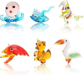 AHANDMAKER 6 Pcs Small Animals Figurines, 6 Styles Glass Animal Figurines for Table Home Decor, Bird Manta Ray Walrus Octopus Lobster Squirrel Glass Display Miniature for Anniversary Birthday Gift