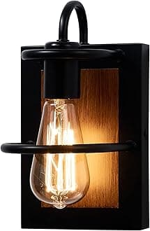 Farmhouse Wall Light Fixtures,Modern Industrial Wall Sconces Lighting Indoor with E26 Base Faux-Wood Color Matte Black Finish,Vintage Wall Mount Light Fixture for Bedroom Living Room Bathroom Stairway