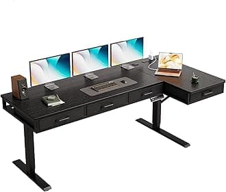 OffiGo 63 Inch L Shaped Electric Standing Desk with Drawers, Height Adjustable Large Desk with Power Outlets, Sit Stand Table, Writing Computer Desk for Home, Office, Workstation, Black