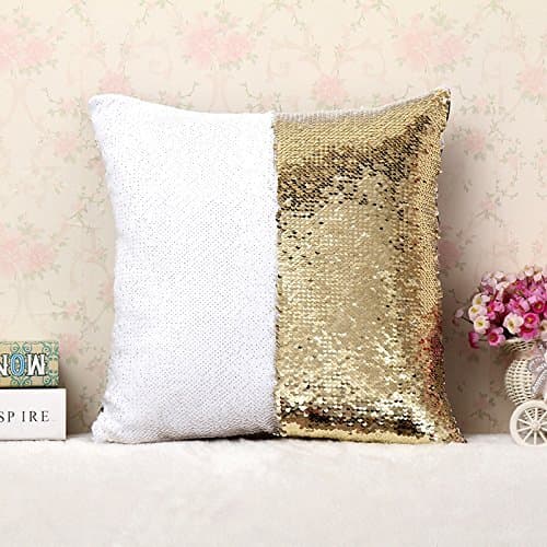 Hidoon DIY Two Tone Glitter Sequins Throw Pillow Covers Magical Color Changing Euro Pillowcase Home Decor Sequin Pillow Cases 16x16 Inch - White and Gold