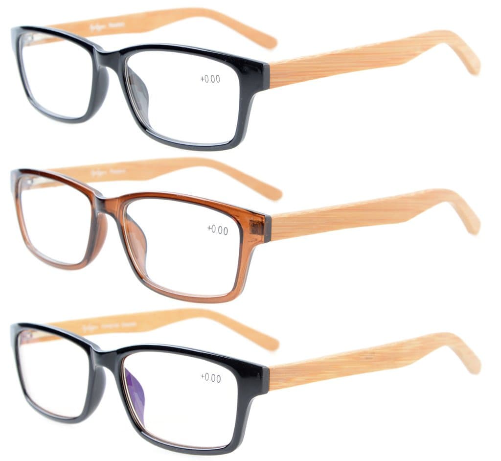3-Pack Rectangle Frame Bamboo Temples Spring Hinges Computer Reading Glasses Readers Specs Men/Women +4.00