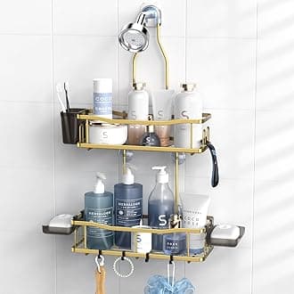 Hanging Shower Caddy Bathroom Organizer: Rustproof Shower Shelf Racks Over Shower Head - No Drilling Inside Bath Shower Rack Shelves Over Showerhead for Shampoo with Soap Holder Gold