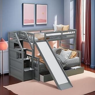 SOFTSEA Twin Over Full Wood Bunk Bed with Slide and Drawers, Stairs Bunk Bed with Storage for Kids, No Box Spring Needed, Grey