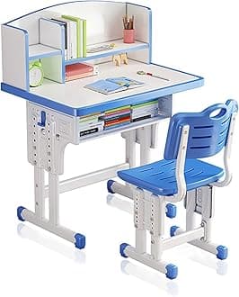 Kids' Study Desk Chair Sets, Blue, Adjustable Height, Ergonomic Design, with Large Storage Drawer and Bookshelf, Suitable for Ages 3-18