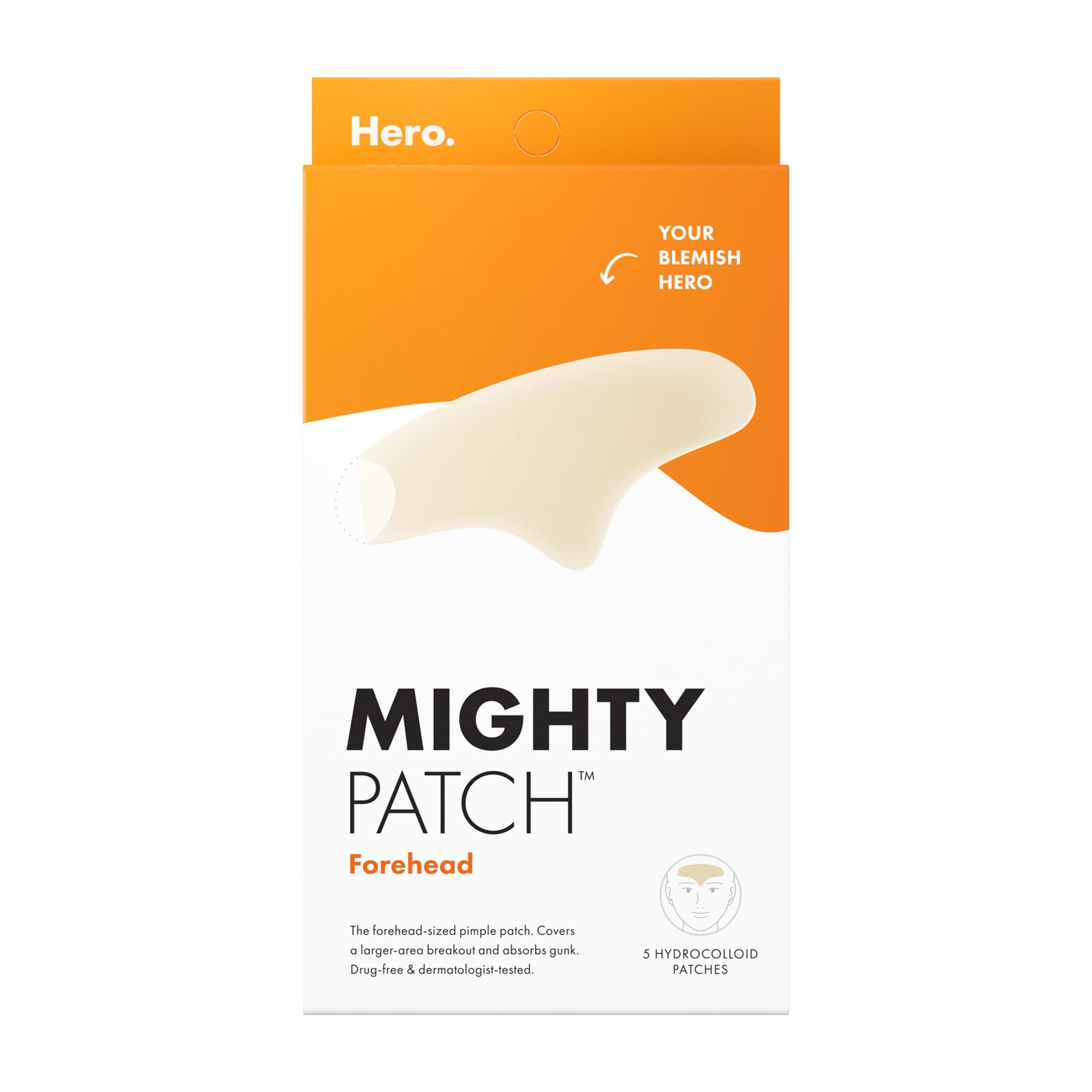 Hero Cosmetics Mighty Patch™ Forehead Patch - Hydrocolloid Acne Pimple Patch, Contoured to Cover Larger Area of Zits and Blemishes - Drug-Free and Suitable for Sensitive Skin (5 Count)