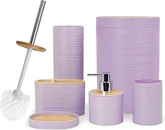 CERBIOR Bathroom Accessories Set 6 Piece Bamboo Bath Ensemble Includes Soap Dispenser, Toothbrush Holder, Toothbrush Cup, Soap Dish for Decorative Countertop and Housewarming Gift, Sriral Purple