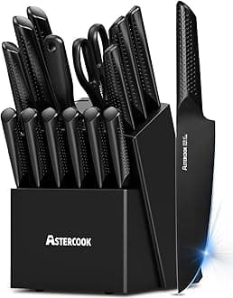 Knife Set, 15 Pieces Chef Knife Set with Block for Kitchen, German Stainless Steel Knife Block Set, Dishwasher Safe, Elegant Black