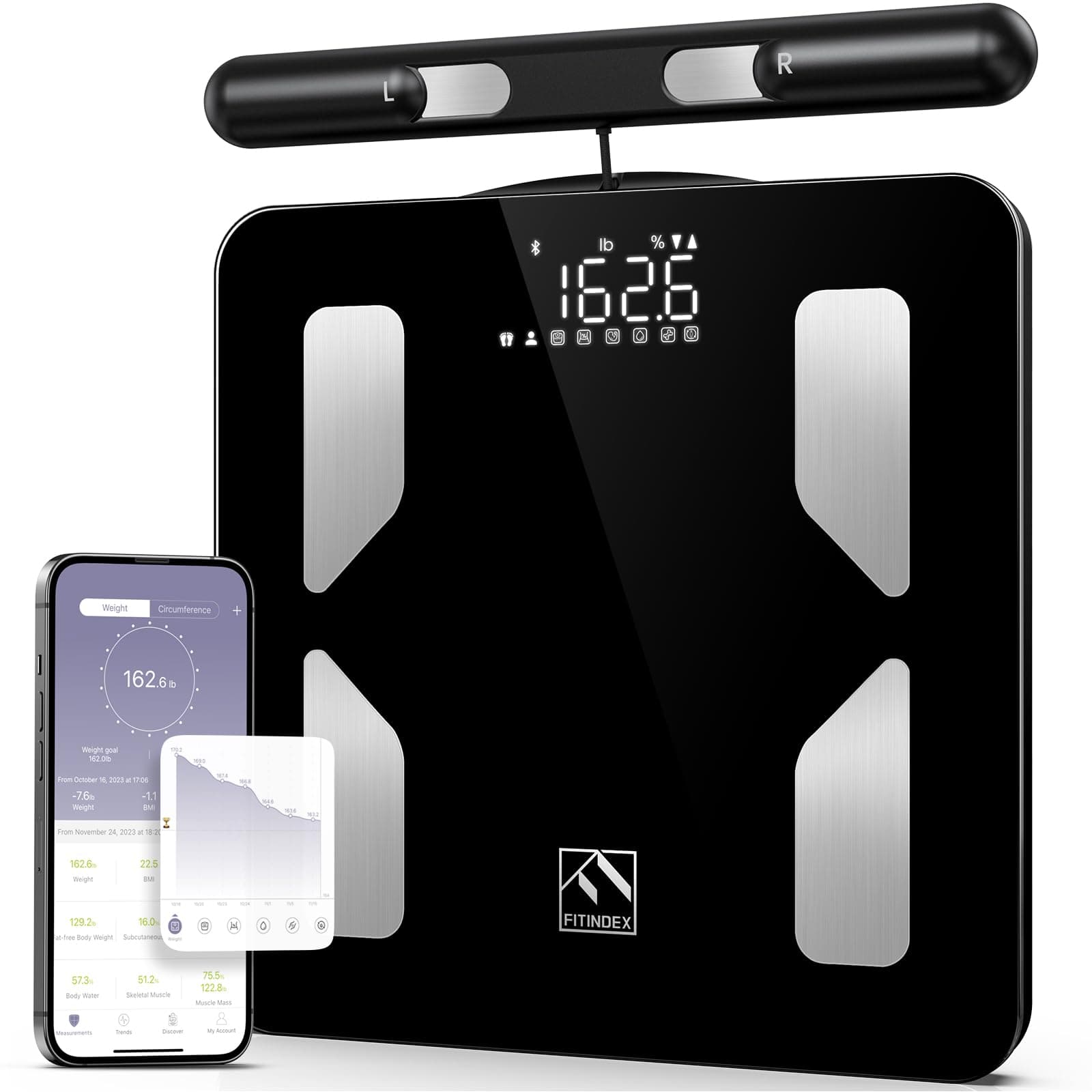 FITINDEX Body Composition Scale for Body Weight, Smart 8-Electrodes with BMI, Body Fat, Muscle Mass, 50 Composition Measurements, Bluetooth
