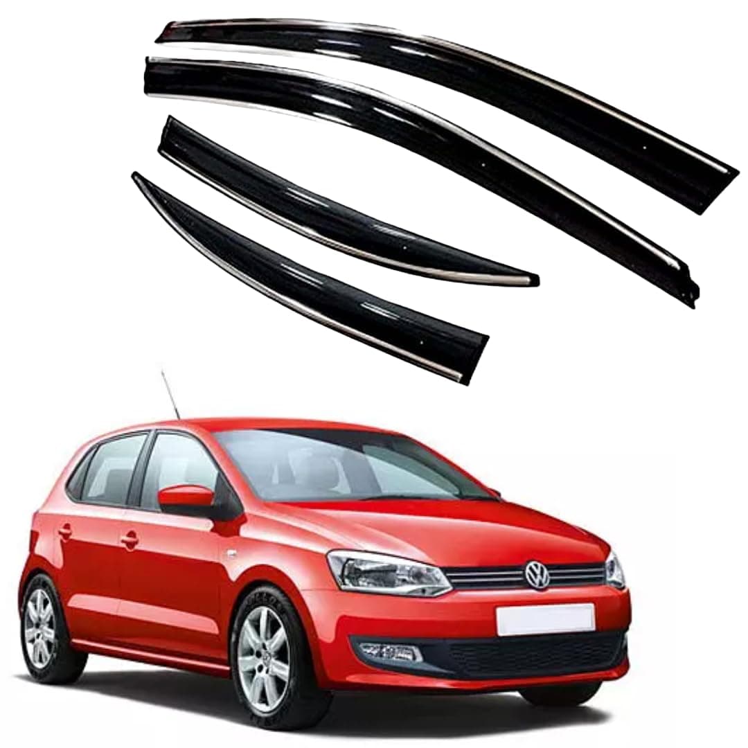 Premium Chromeline & Silverline Unbreakable Car Rear Window Wind Deflectors & Side Door Visor Rain Guard Compatible with (Volkswagen Polo GT (2012 Onwards))