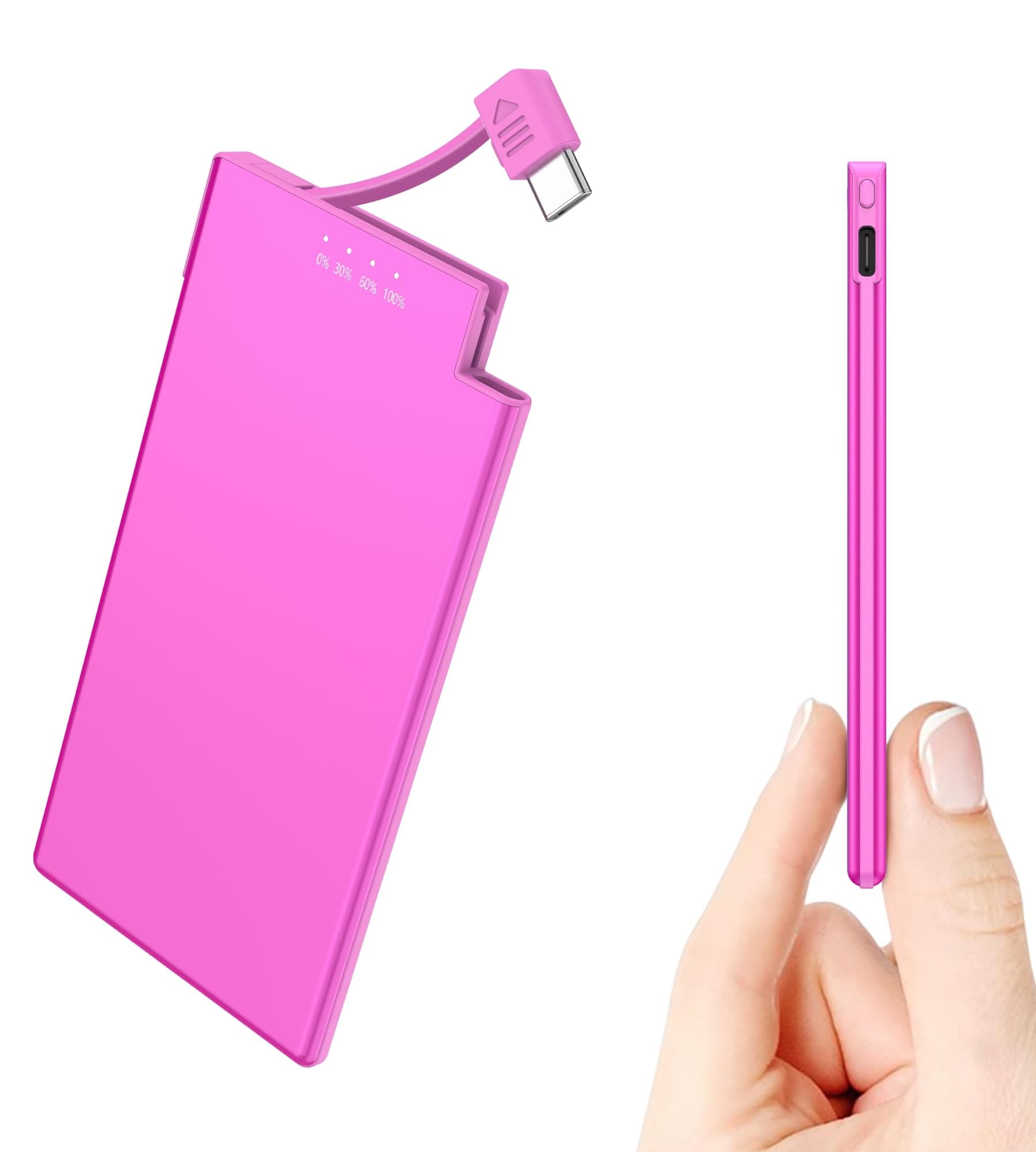 5000mAh Power Bank with built-in Type-C Cable, Ultra Slim and Super Lightweight Portable Charger Small External Battery, Compatible with Samsung, Xiaomi, Sony, iPhone 15 Series etc.- Pink