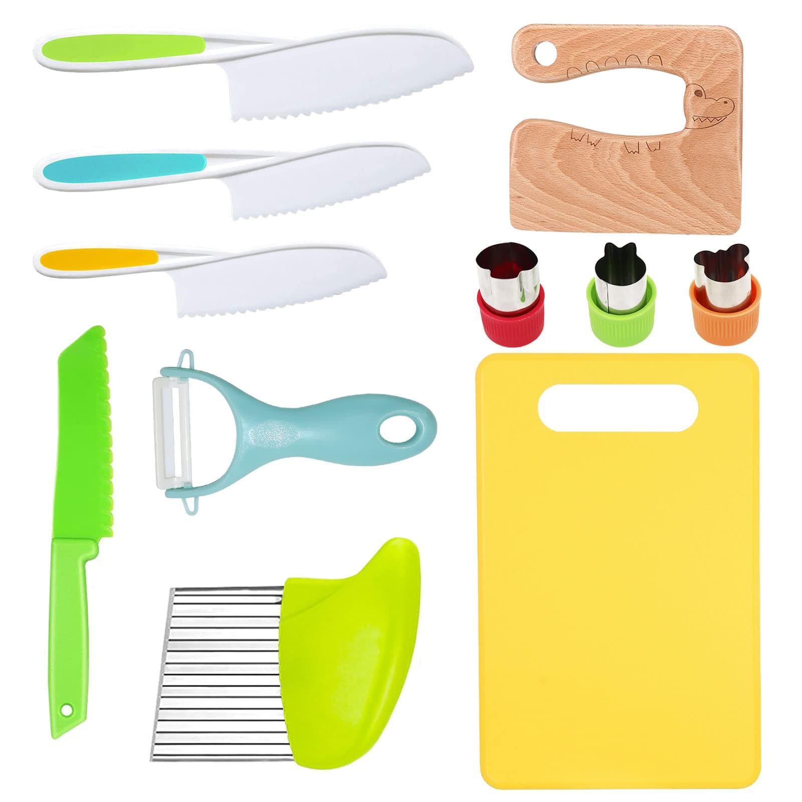 Risiculis 11 Pieces Wooden Kids Kitchen Knife, Knife Set Include Wood Serrated Edges Plastic Toddler Crinkle Cutter, Sandwich Y Peeler, Cutting Board