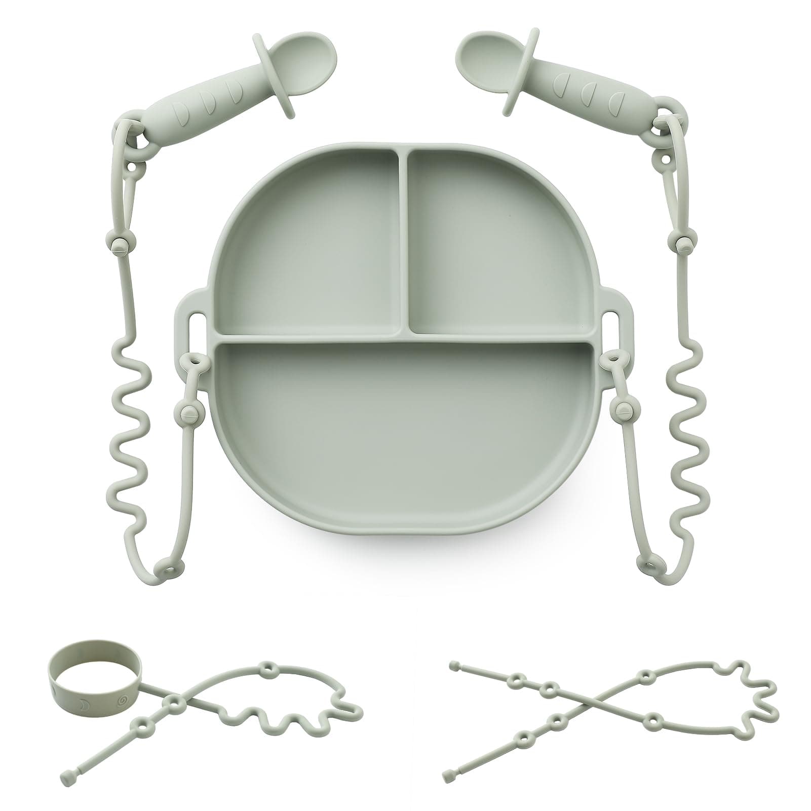 Silicone Plates for Babies with Suction Divided Baby Spoons Silicone Baby Toy Straps All-in-one Plates Silicone Placemat for Babies Toddlers Attachable Tethers & Built-in Suction Cups-Sage
