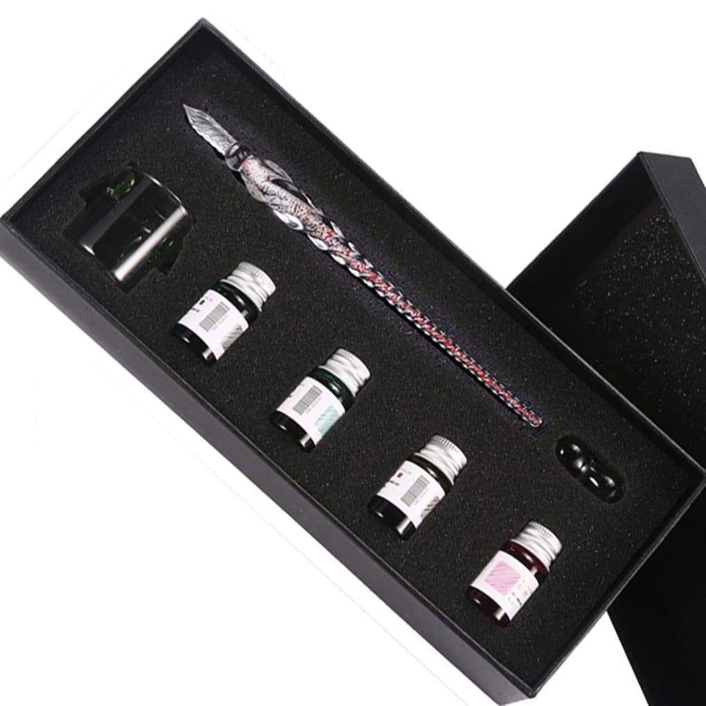 Crystal Glass Dip Ink Pen Set, 4 Pcs Non-Carbon Ink Signature Pen Creative Writing Tools Gift Pen Vintage Handmade Dip Pen for Writing Art Decoration Four Color Available (Red+4 Inks)