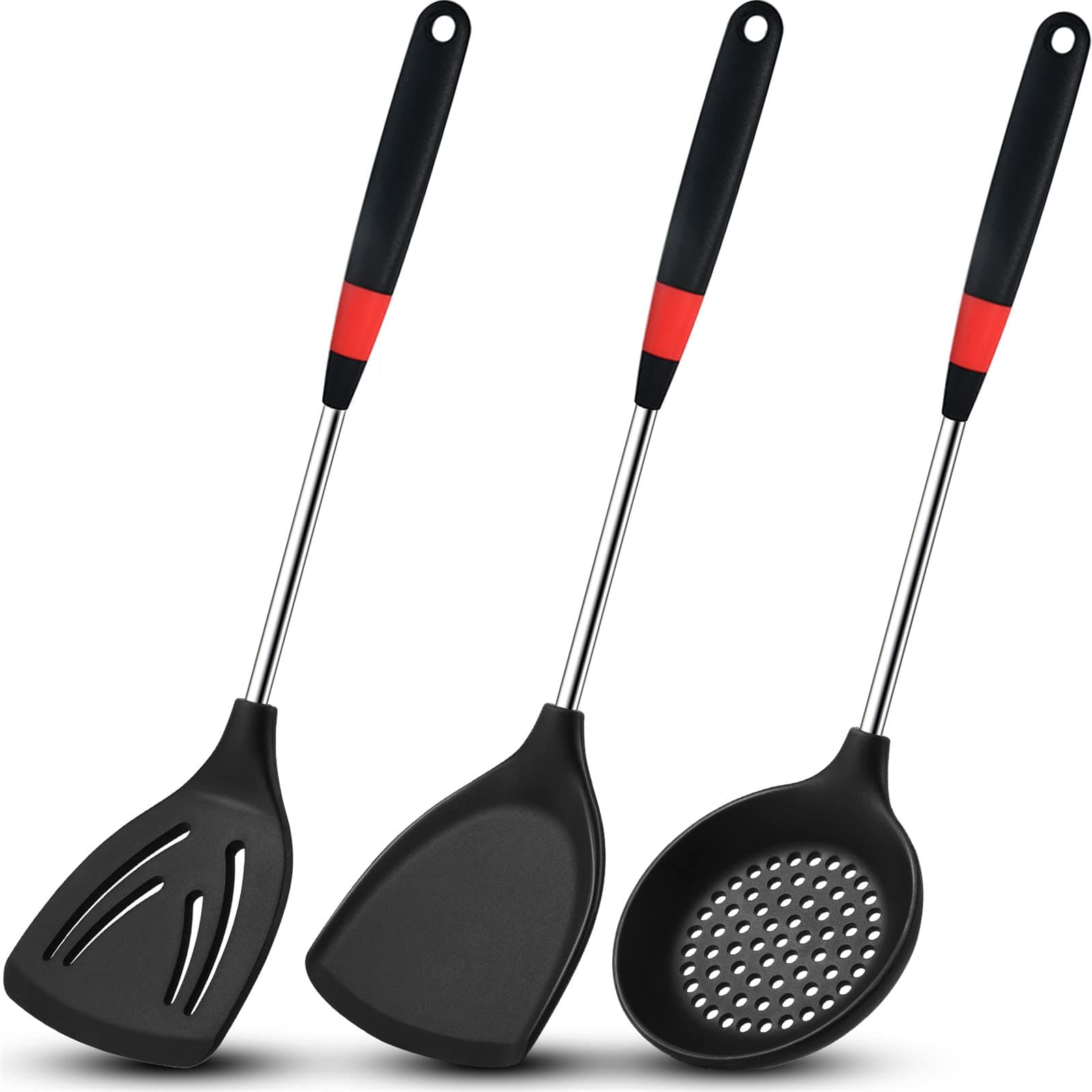 3 Pieces Silicone Stainless Steel Turner Spatula Set Includes Flexible Silicone Wok Spatula Slotted Spatula Skimmer Slotted Spoon for Nonstick Cookware Cooking Baking Supplies