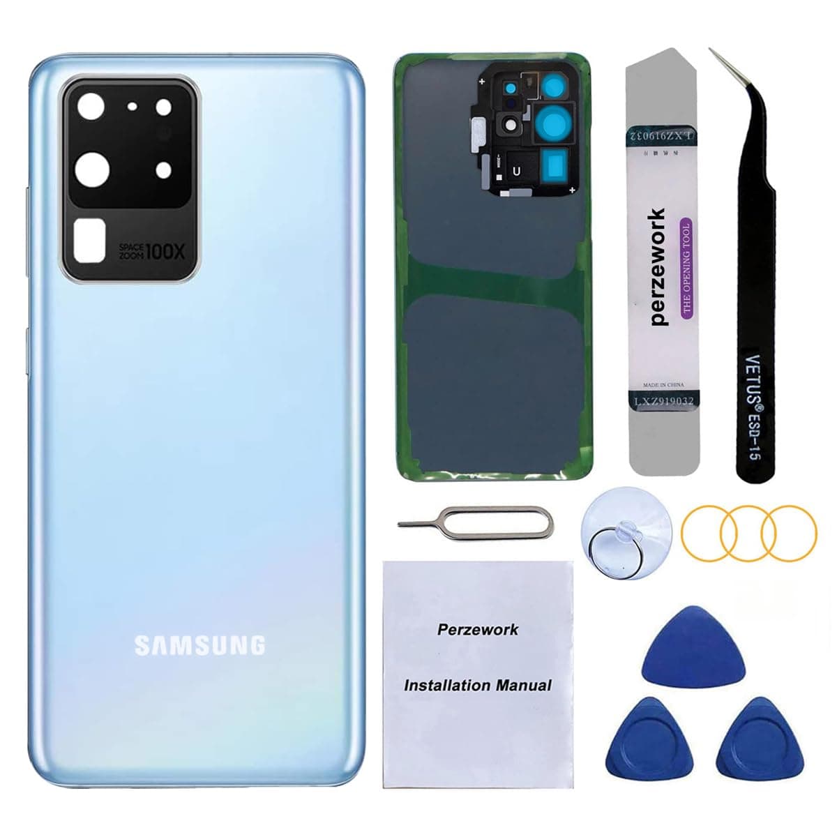 – Rear Back Glass Replacement for Samsung Galaxy S20 Ultra 6.9 inches 5G with Reparing Toolkit and Pre-Installed Adhesive (Cosmic Blue)