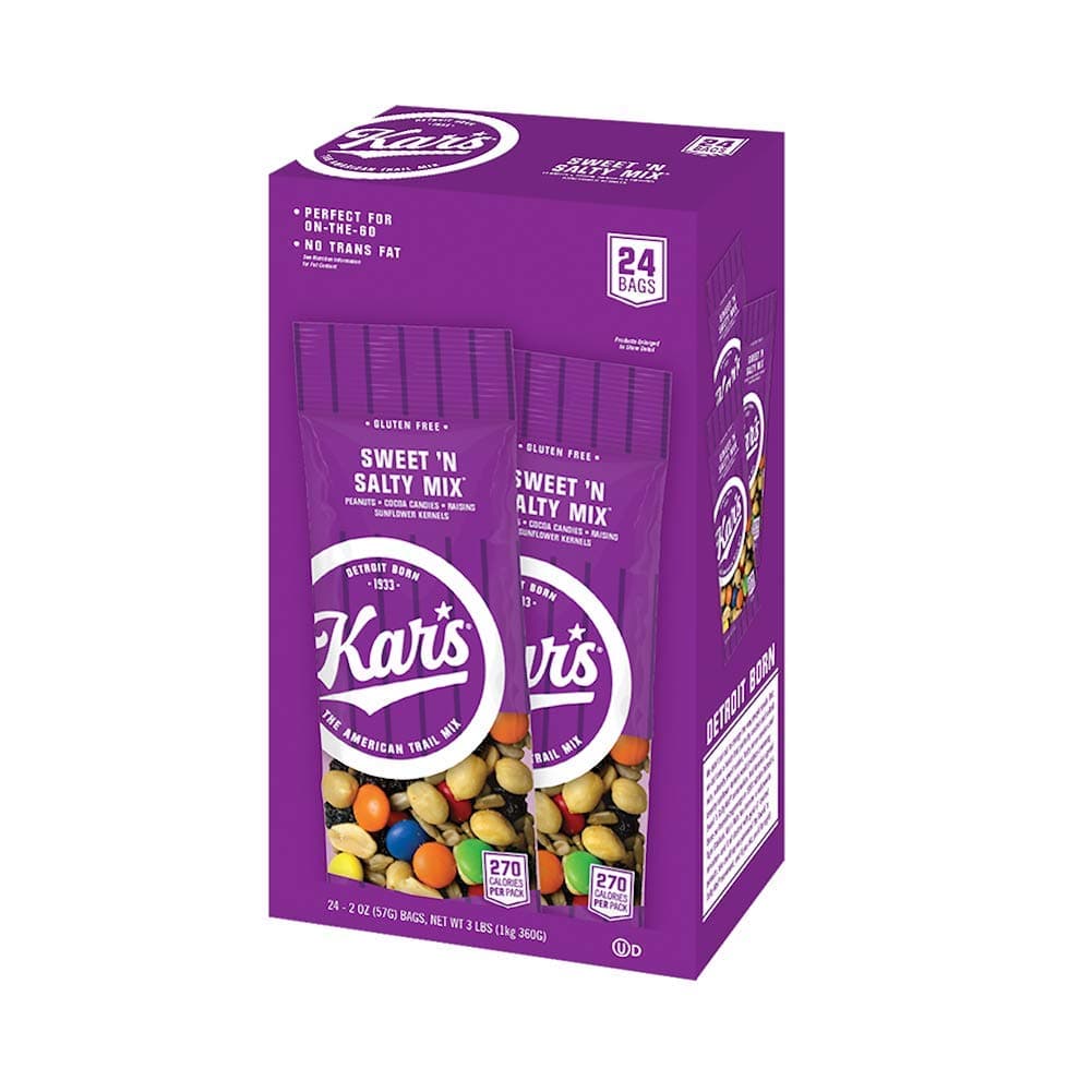Kar's Sweet 'N Salty Trail Mix - 2 oz Single Serving Bags - Peanuts, Sunflower Kernels, Raisins & Chocolate Gems (24 Pack)