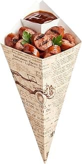 Restaurantware-10-Inch Eco-Friendly Finger Food Cones with Built-in Condiment Dipping Pocket: Perfect for Appetizers - Food-Safe Paper Cone with Newsprint Styling - Disposable - 100-CT