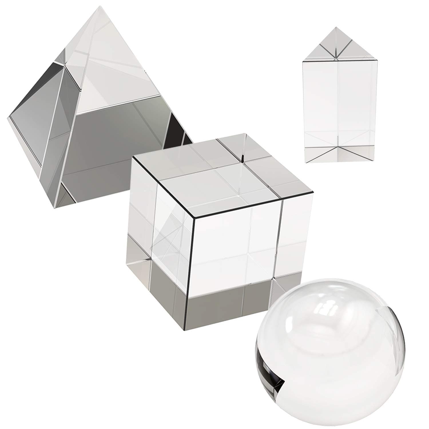 SAILHOME 4 Pack K9 Optical Crystal Photography Prism Set, Include 55mm Ball, 50mm Cube, Triangular Prism, 60mm Pyramid with Gift Box& Wipe Cloth for Teaching, Playing,
