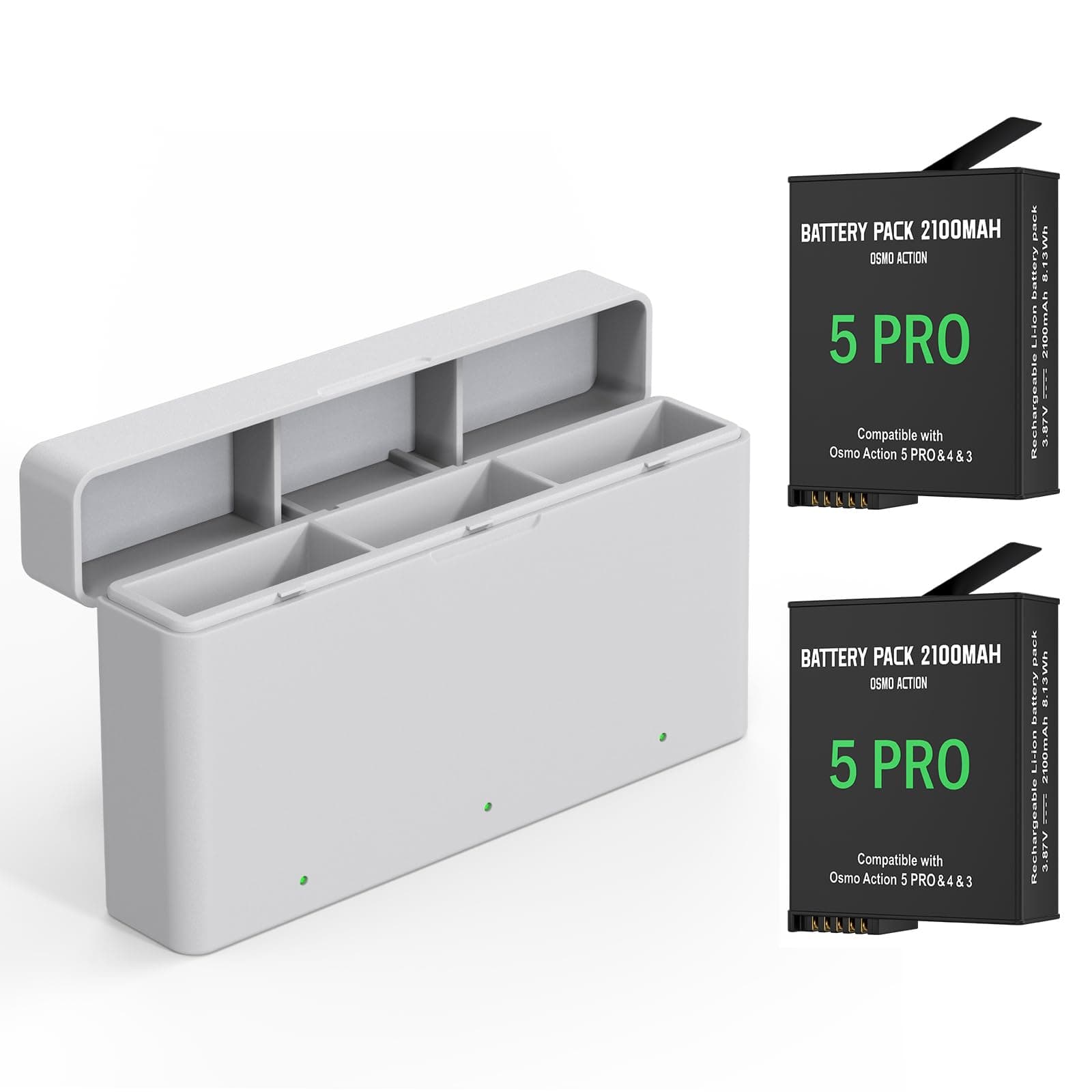 Action 6 5 Pro 4 3 Replacement Battery with 3 Charger Hub, 2100mAh Rechargeable Battery Compatible with DJI OSMO 360, Action 6 5 Pro 3/4, Xtra Pro & Xtra Action Camera (White, 2 Pack Batteries)