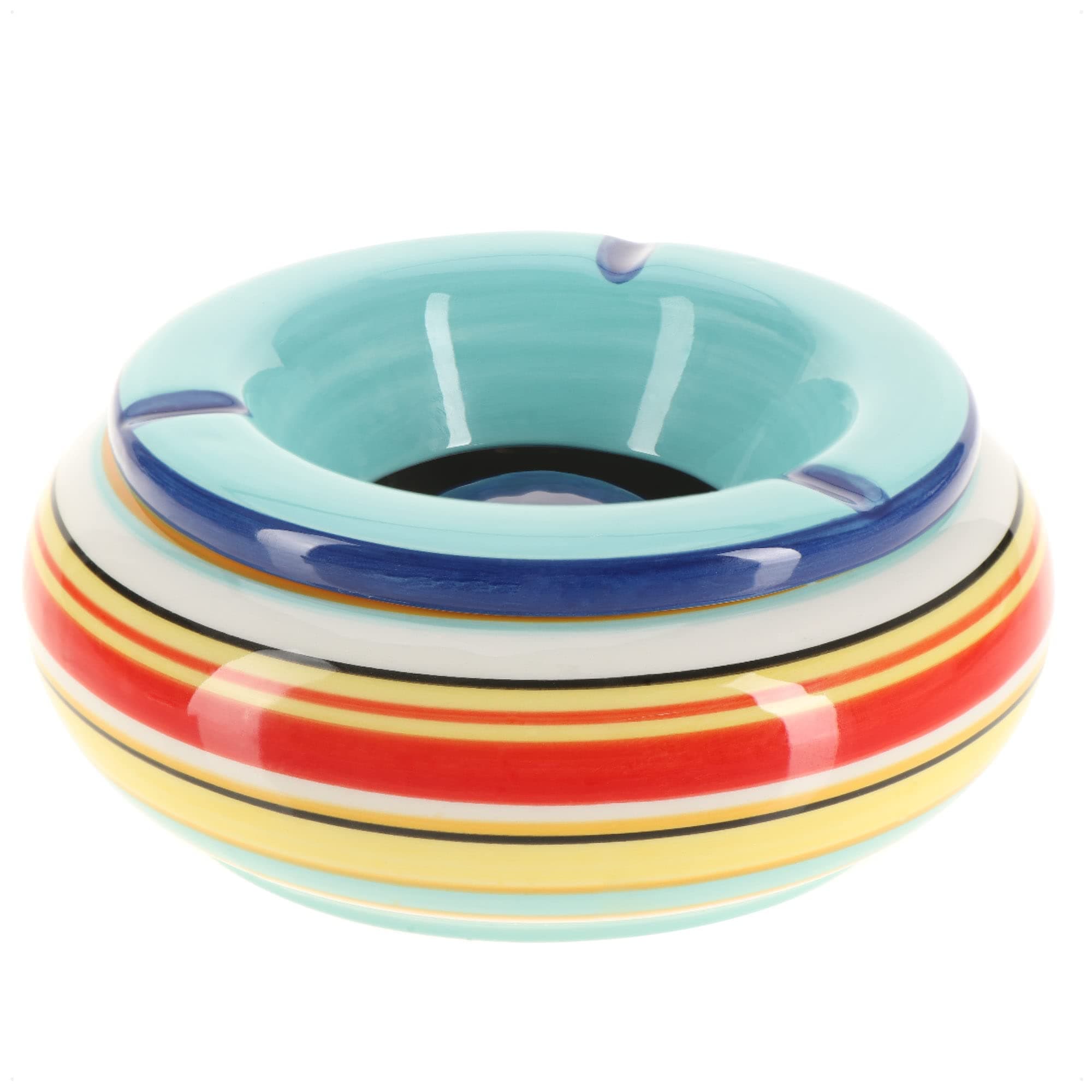 com-four® XL Wind Ashtray Made of Dolomite Ceramic, Weatherproof Storm Ashtray with Colourful Stripes, Large Table Ashtray with Lid (01 Pieces, 19.5 cm, Blue)