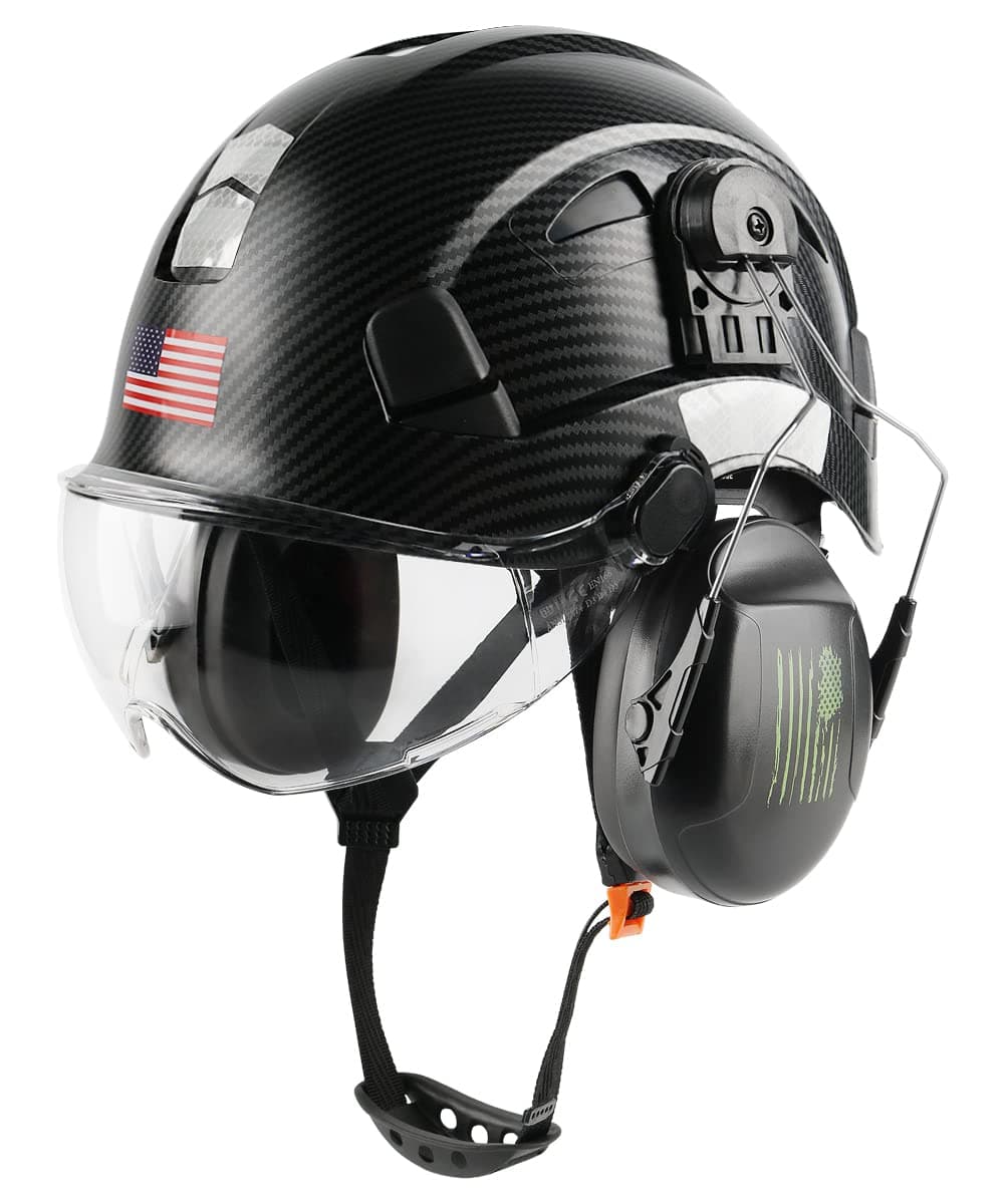 GREEN DEVIL Safety Helmet with Visor and Hearing Protection Lightweight ABS Work Helmet Adjustable with Ventilation 6 Point Suspension ANSI Z89.1 Approved Ideal for Industry and Industrial