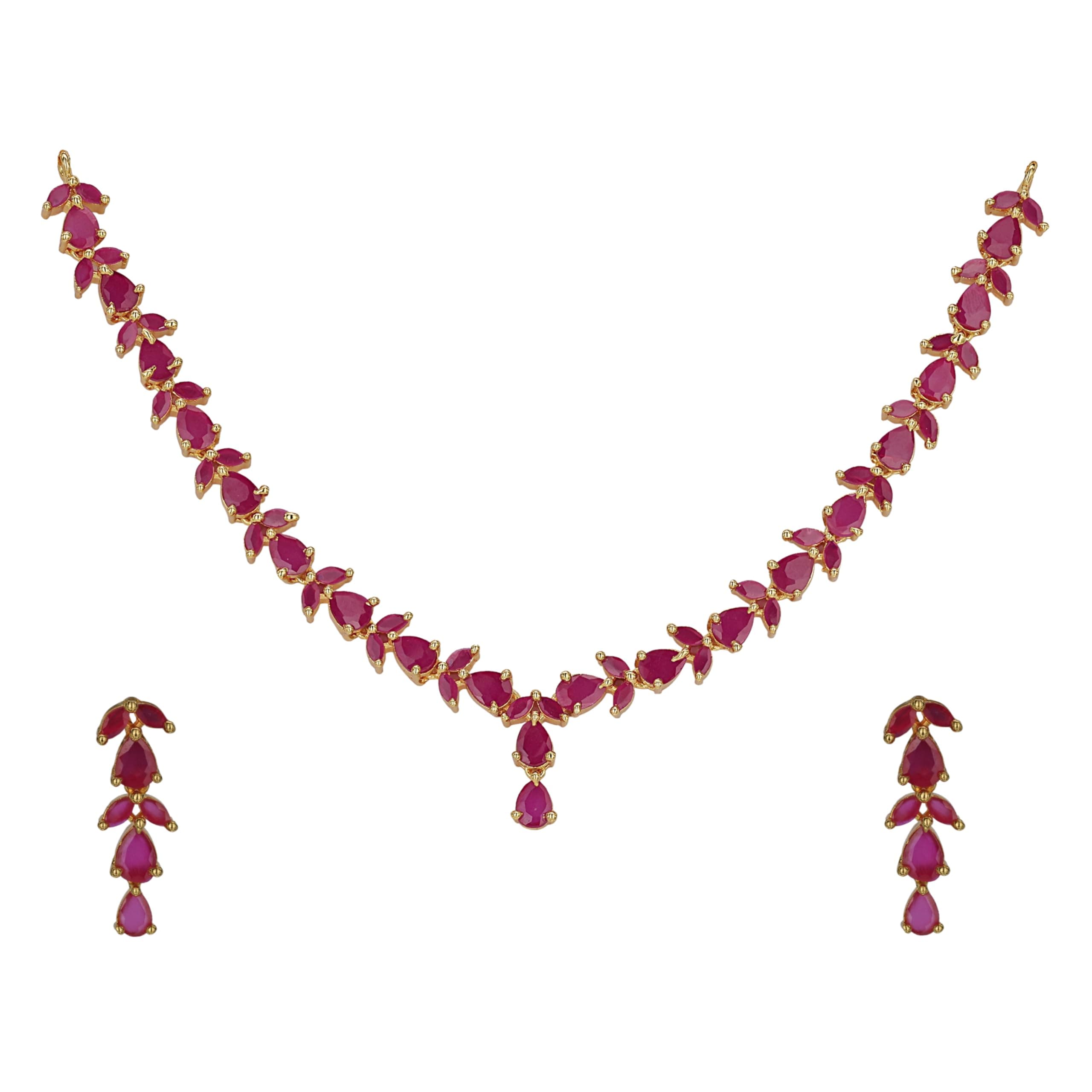 Micro Gold Plated Radient AD Ruby American Diamond Jewellery Necklace Set with Earrings for Women and Girls, Free Size, Brass, No Gemstone