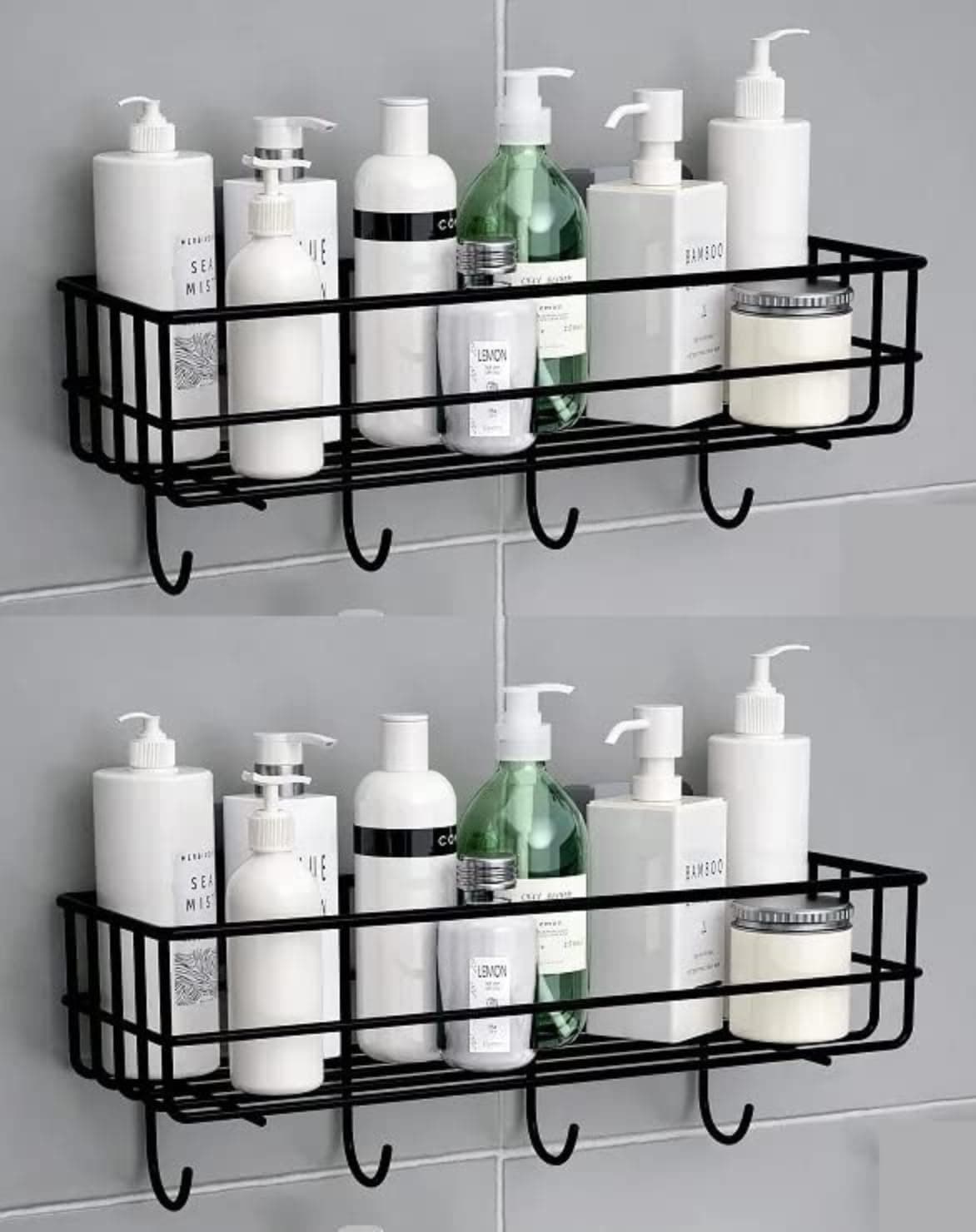 Bathroom Rack/Shelves - Kitchen Storage Self Adhesive Bathroom Shelf and Shampoo Holder with 4 Hook Adhesive Shower Caddy Metal Shelf (Pack of 2, Black)