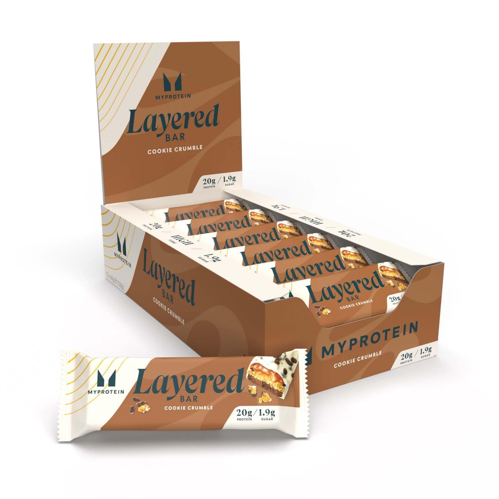 Layered Protein Bar - Cookie Crumbles Flavor, 20g Protein, Low Sugar & High Fibre, 12 x 60g Bars, Multilayered Snack for Active Lifestyles