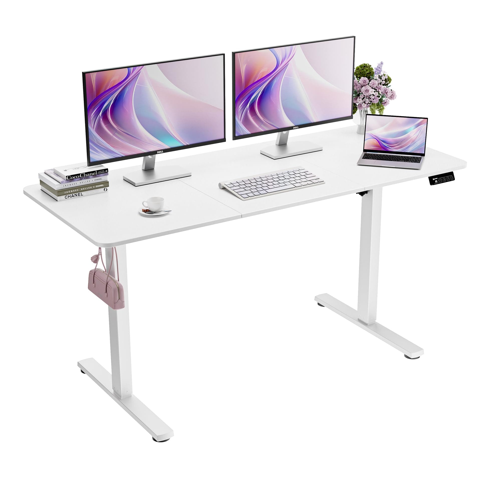 ERGOMAKER Electric Standing Desk, 55" x 23.6" Height Adjustable Sit Stand Desk with Splice Board for Home Office, Computer Table Memory Preset (White Frame, White Desktop)