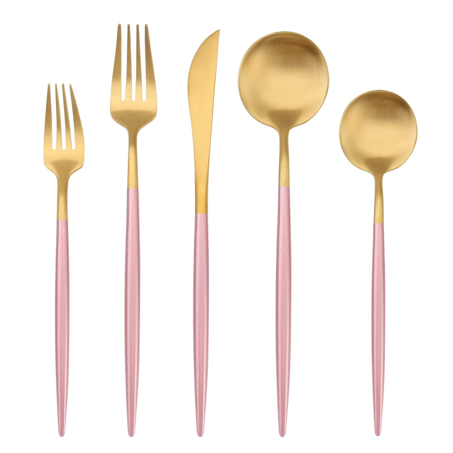 Bysta 5-Piece Stainless Steel Flatware Set, Matte Gold Silverware Set with pink handle, Kitchen Utensil Set Service for 1, Tableware Cutlery Set for Home and Restaurant, Dishwasher Safe