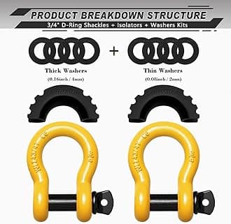 AUTMATCH D Ring Shackle 3/4" Shackles (2 Pack) 41,887Ibs Break Strength with 7/8" Screw Pin and Shackle Isolator Washers Kit for Tow Strap Winch Off Road Vehicle Recovery Yellow & Black