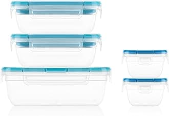 Total Solution 5-Pack (Mixed Sizes) Plastic Food Storage Containers Set, Leakproof & Airtight Locking Lids Rectangular Tupperware, Non-Toxic BPA-Free Lids, Microwave Dishwasher Freezer Safe