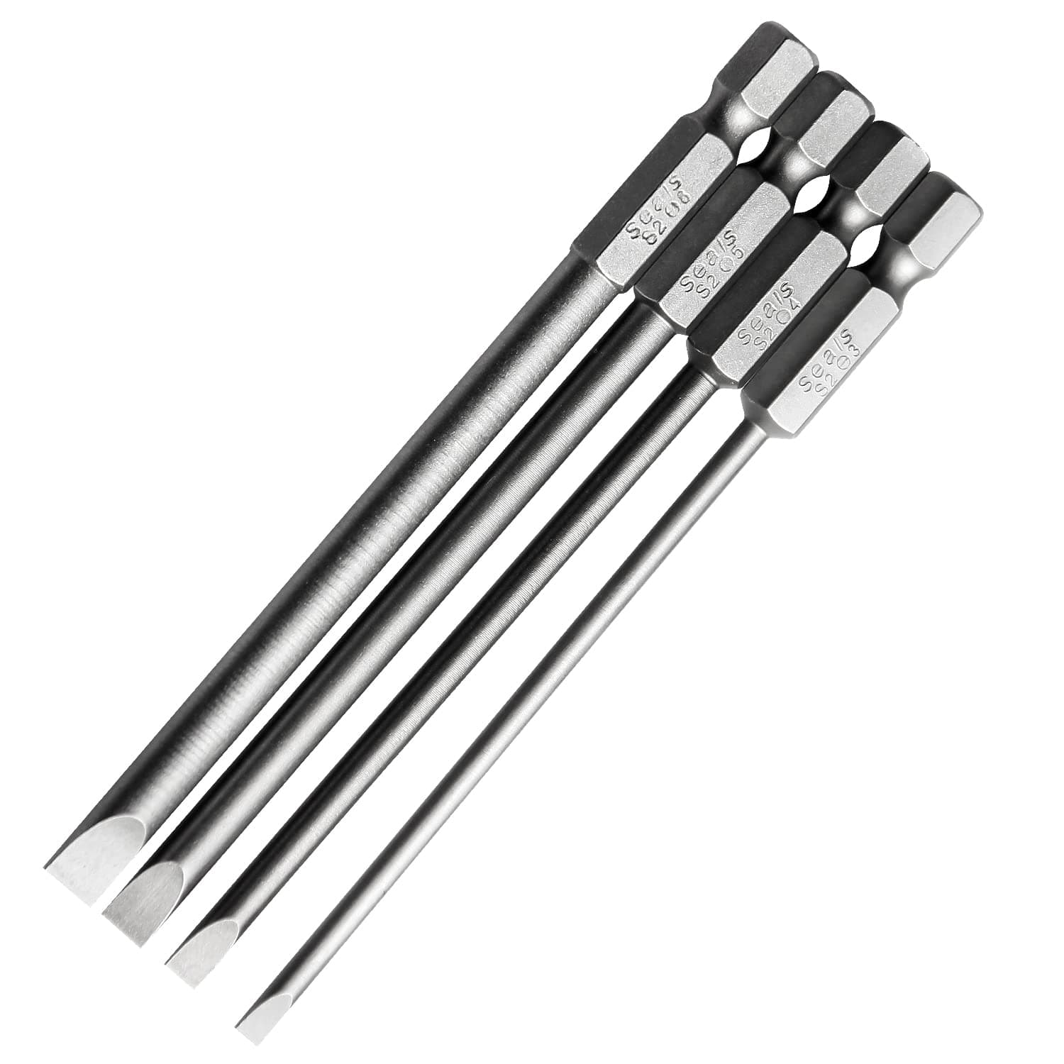 Toolcool 4 Pcs 4 Inch/100mm Flat Head Slotted Tip Screwdriver Bit Set 1/4 Inch Hex Shank Magnetic 3mm 4mm 5mm 6mm Bits