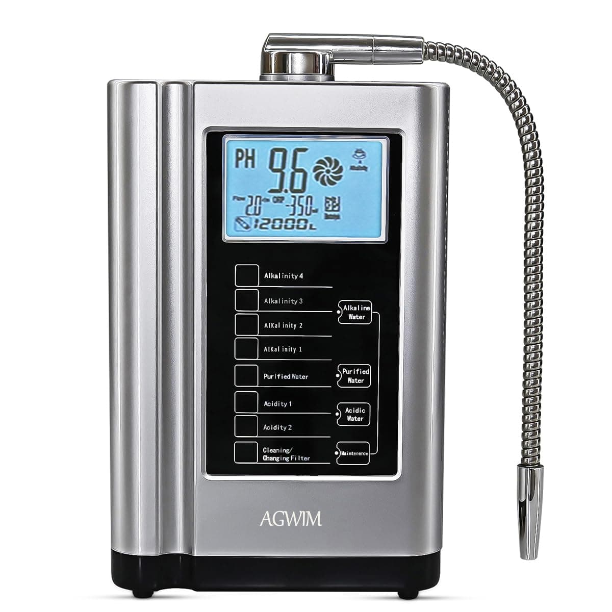 Alkaline Water Ionizer Machine 729, Built-in a Filter, Produces pH 4-10.5 Water, 7 Water Settings, Up to -570mV ORP, 8000L Per Filter, Silver