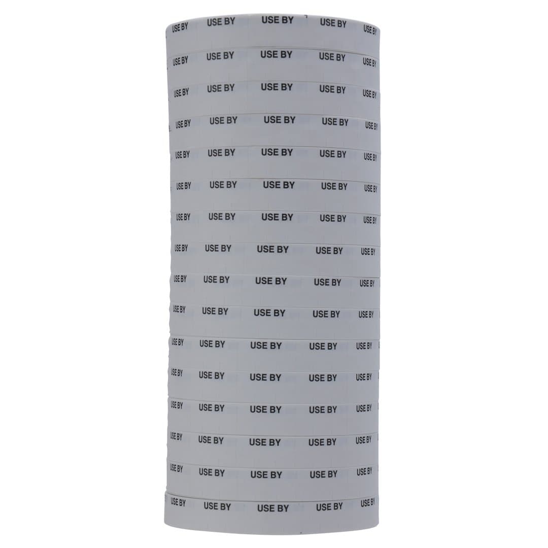 Black on White"USE by" Labels to fit Monarch 1110 Pricing Guns. 16 Rolls with 1 Free Ink Roller.
