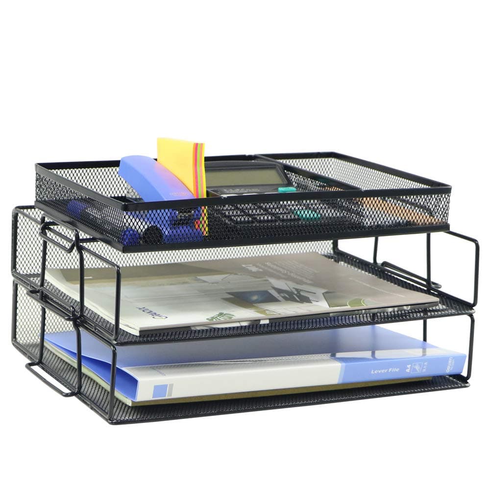 Grandix 3 Tiers Stackable Letter Tray Office Desk Organizer A4 Paper Filing Trays Mesh Black