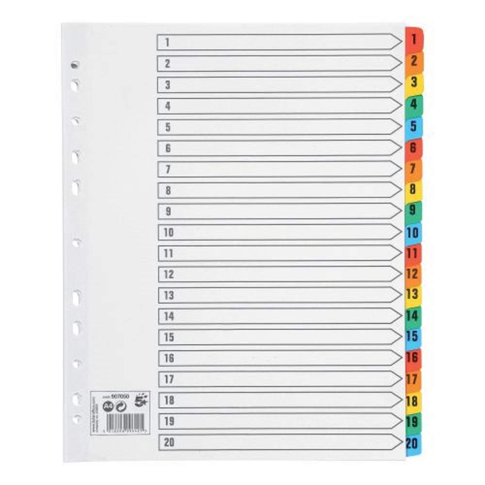 5 Star Maxi Index Extra-wide 230 micron Card with Coloured Mylar Tabs 1-20 A4 White