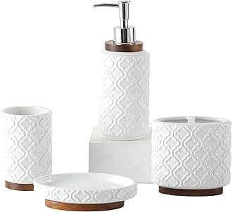 Elegant 4 PCS Ceramic&Wood Bathroom Accessories Set:Soap Dispenser,Toothbrush Holder,Tumbler,Soap Dish,Easy to Clean,Quatrefoil Pattern,White-Affordable Luxury for Home Decor Enthusiasts