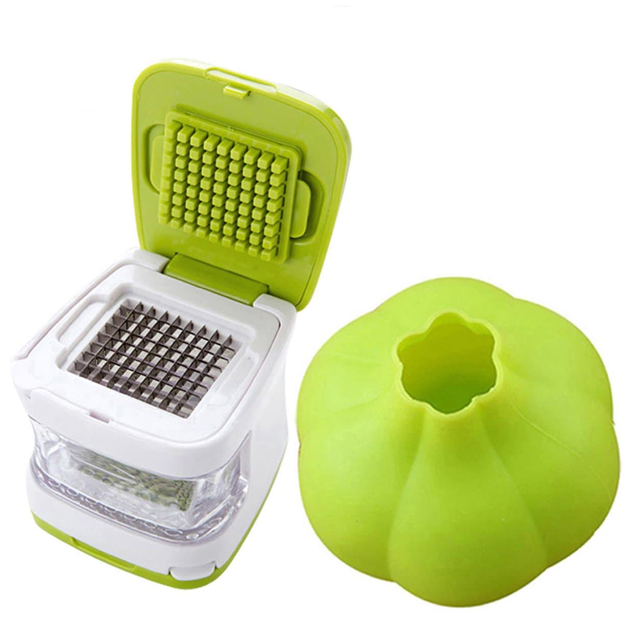 NewFerU Cube Garlic Ginger Press Cutter Mincer Chopper Crusher Slicer Grater Grinder Dicer Machine Food Aid in Plastic Stainless Steel with Silicone Peeler Kitchen Gadget Green Tool Set