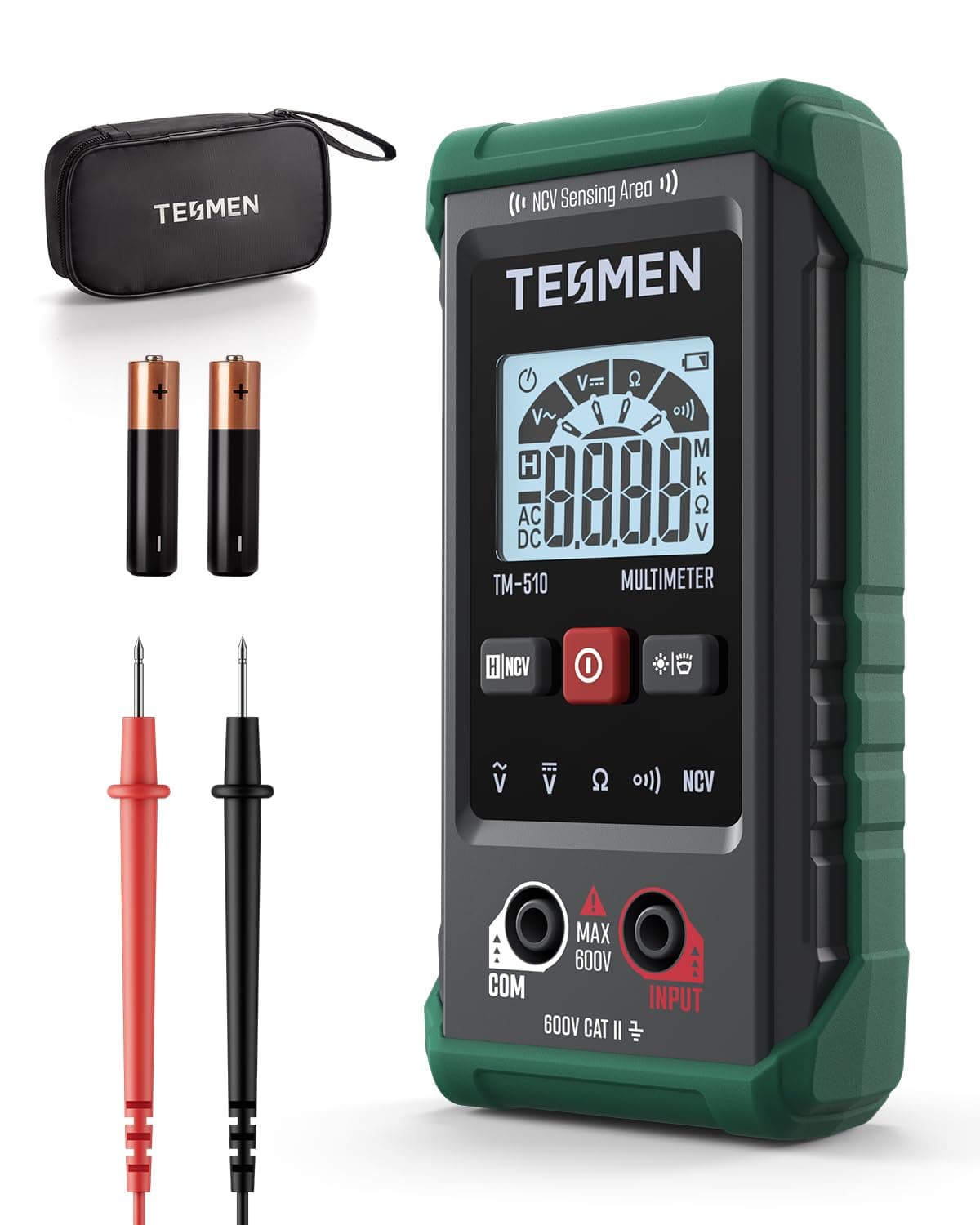 TESMEN TM-510 Multimeter, 4000 Counts, Intelligent Measurement, Auto-scale Voltmeter; Voltage Tester with Non-Contact Voltage Function, Measures AC/DC Voltage, Resistance, Continuity - Green