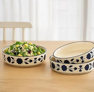 Ceramic Salad Bowl/Plate- Serving Snacks Ceramic Plates - Set of 3 Sizes (5.5 inch, 6.5 inch, 7.5 inch), Blue Flower Pattern, Flat Serving Plate | Best for Gifting