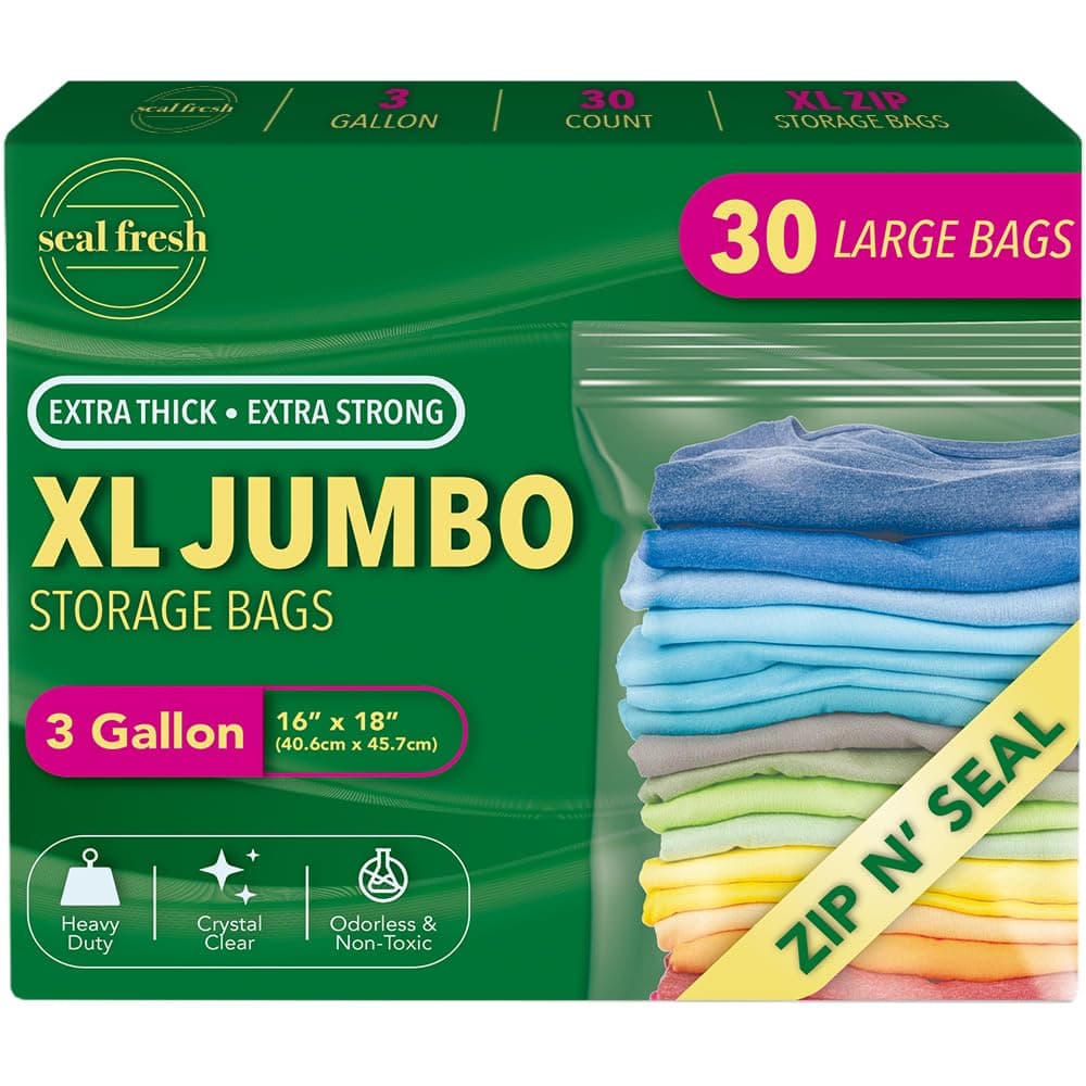 3 Gallon Large Plastic Storage Bags – 16" x 18" (30 Count) – Reusuable XXL Extra Large Heavy Duty Clear Jumbo Freezer Zip Lock Bags with Sealable Zipper Top For Clothes, Travel, Moving